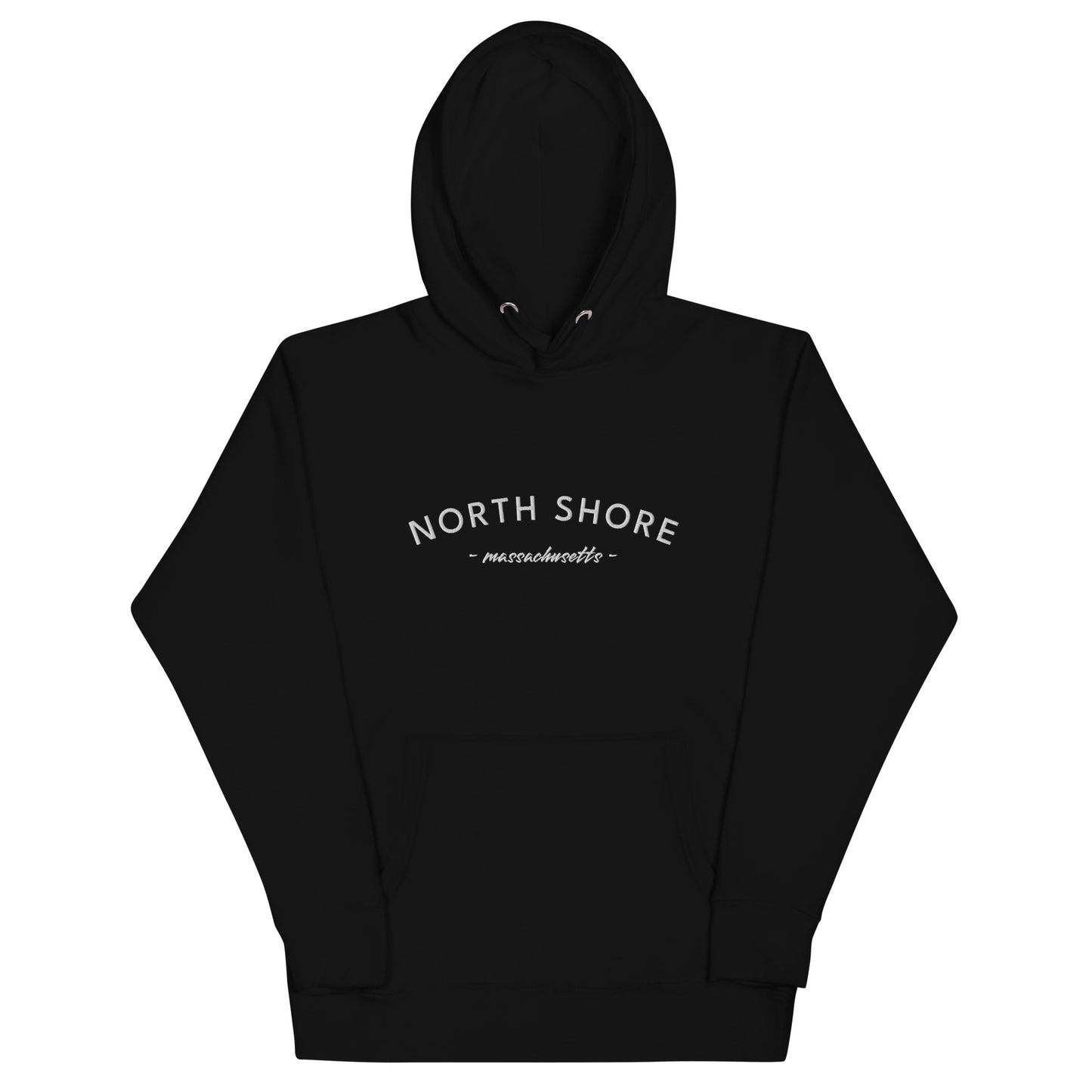 black hoodie that says "north shore massachusetts" in white lettering