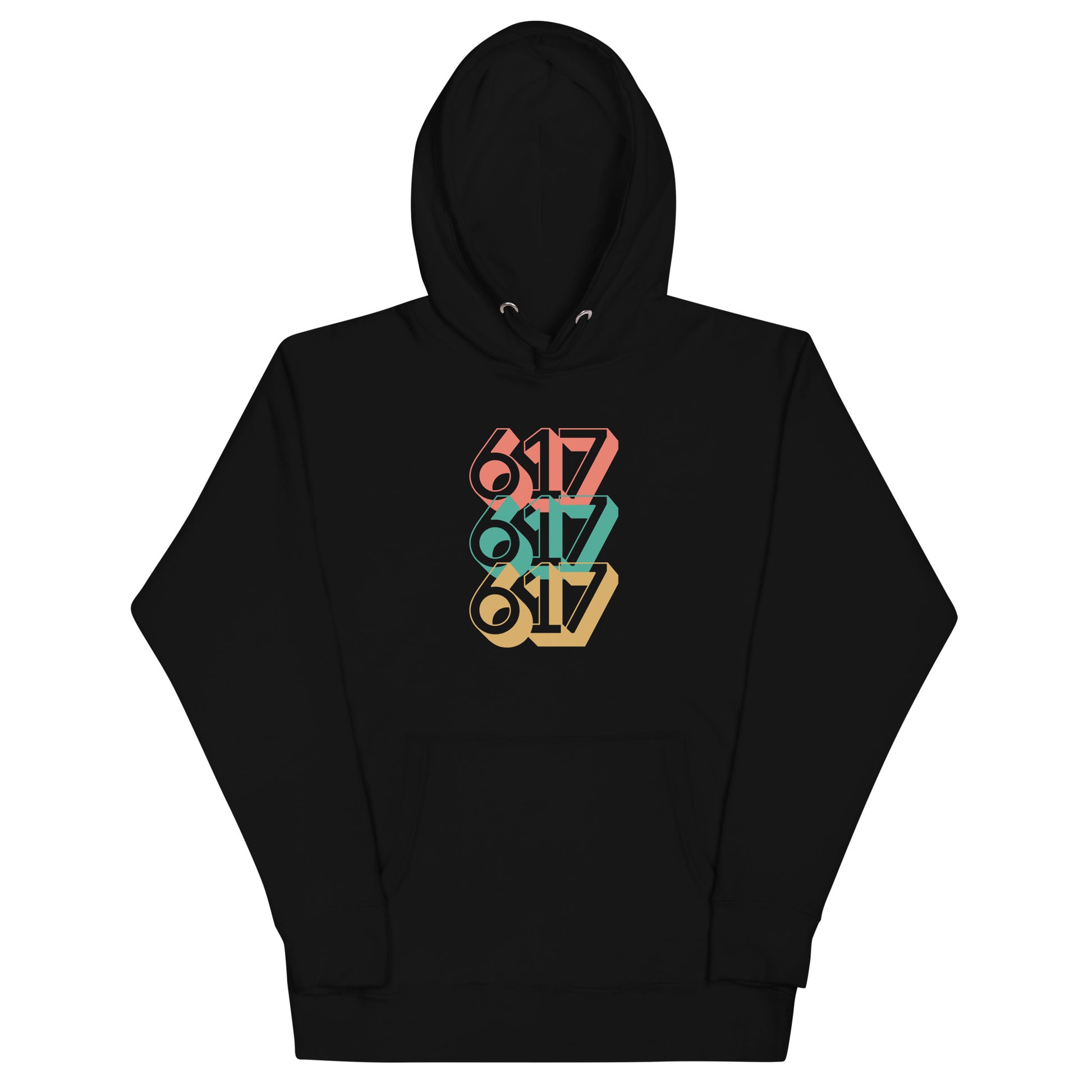 black hoodie with three 617s in red green and yellow