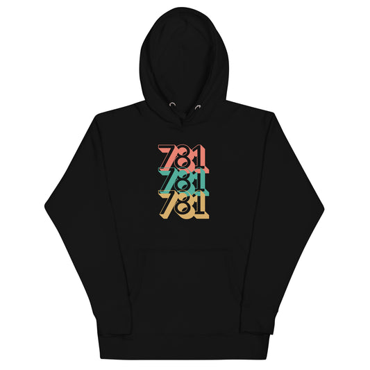 black hoodie with three 781s in red green and yellow