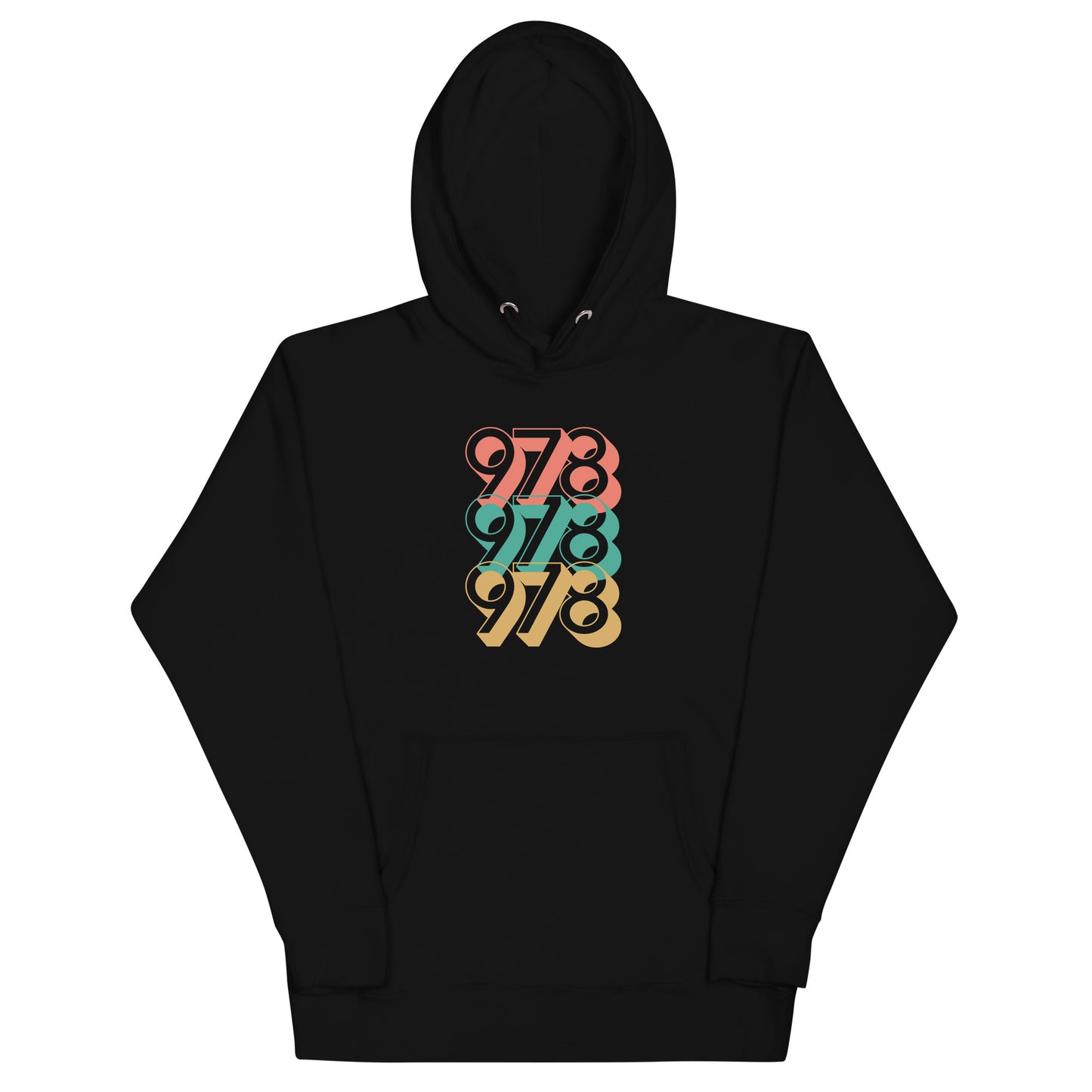 black hoodie with three 978s in red green and yellow
