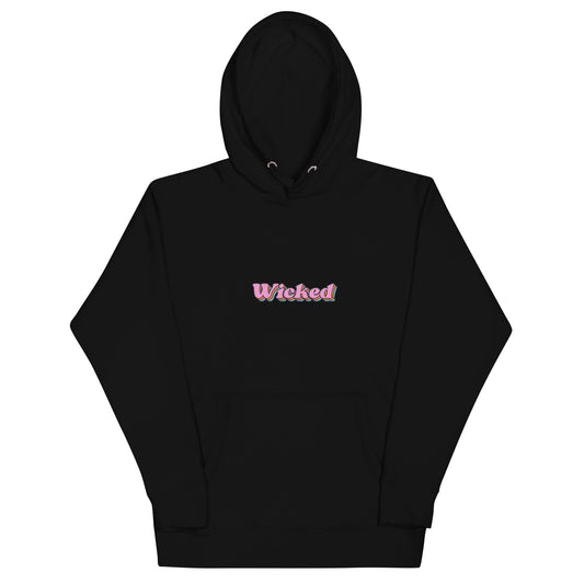 black hoodie that says "wicked" in pink lettering