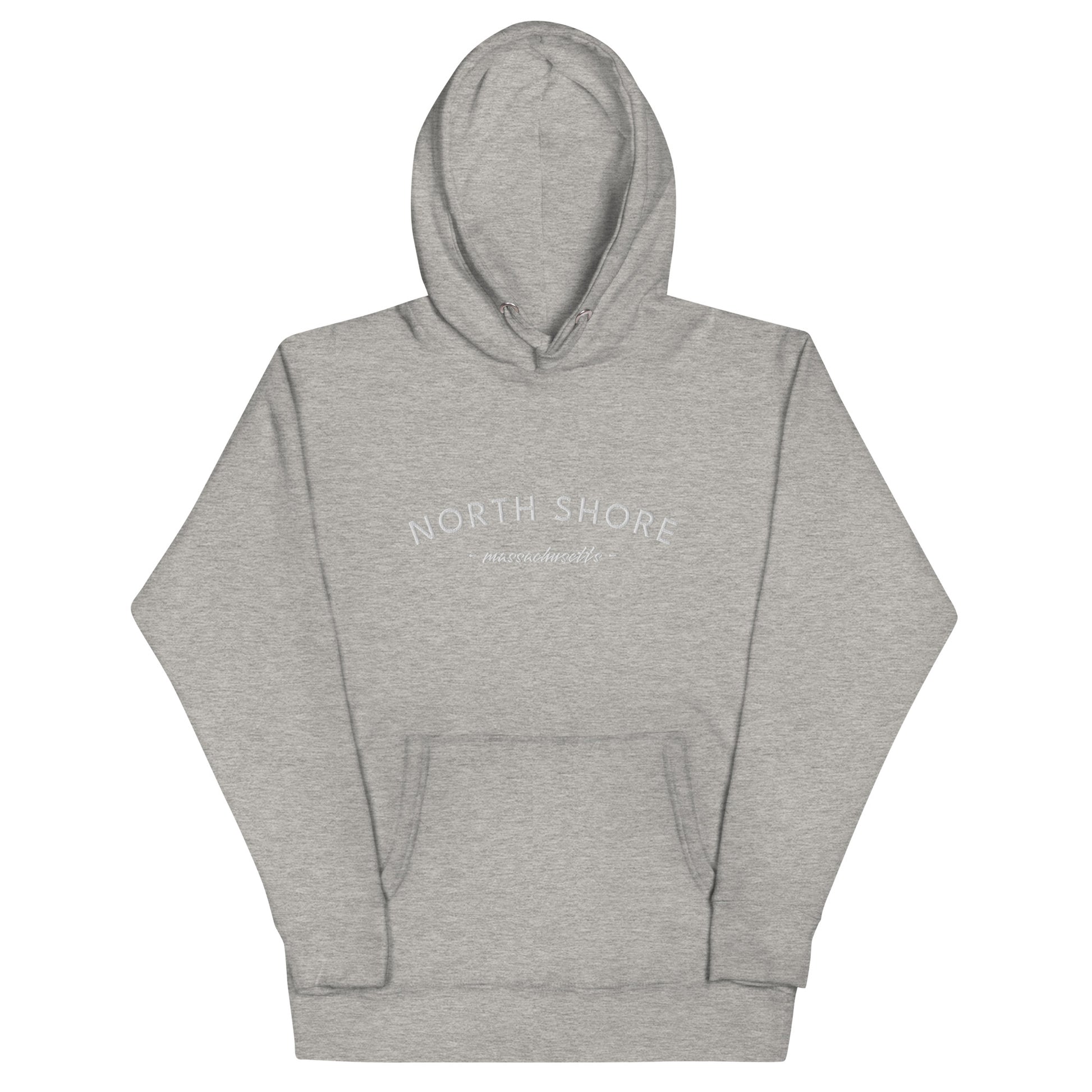grey hoodie that says "north shore massachusetts" in white lettering