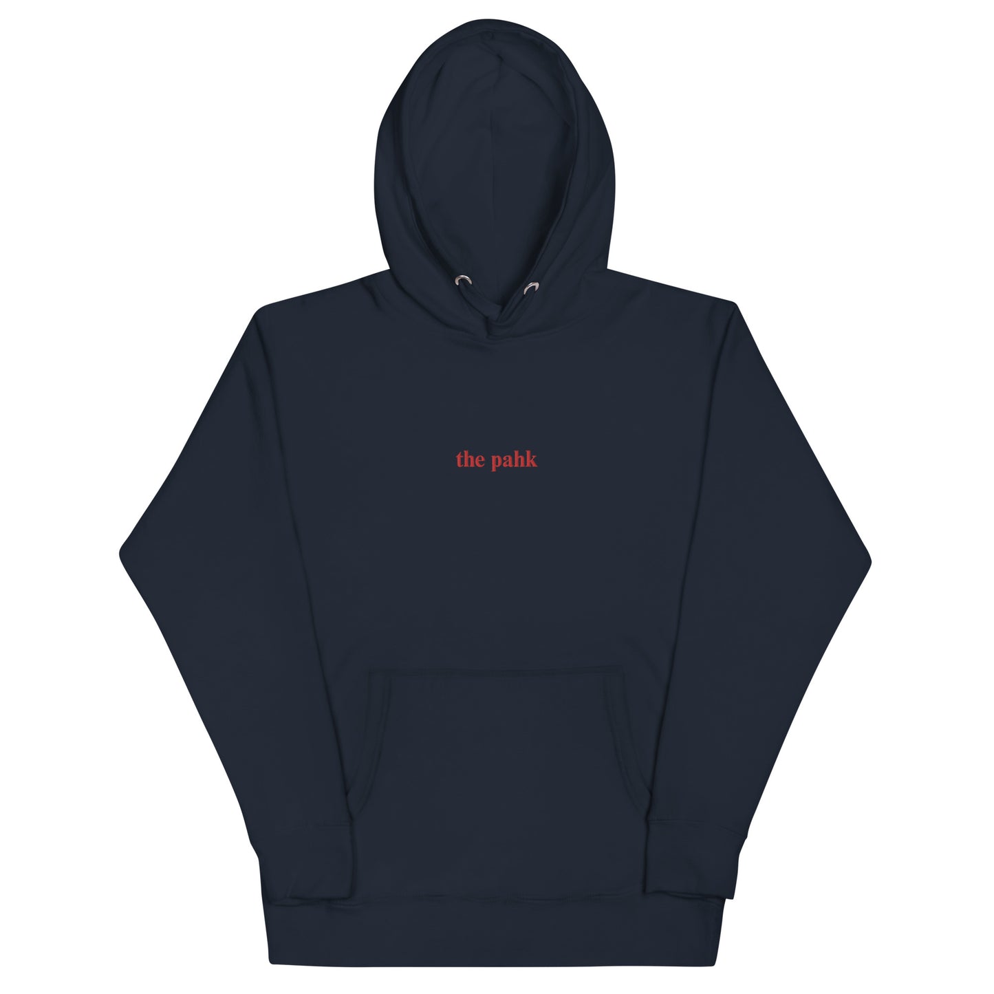 navy blue hoodie that says "the pahk" in red embroidery