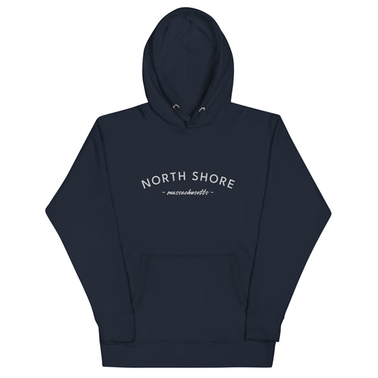 navy hoodie that says "north shore massachusetts" in white lettering