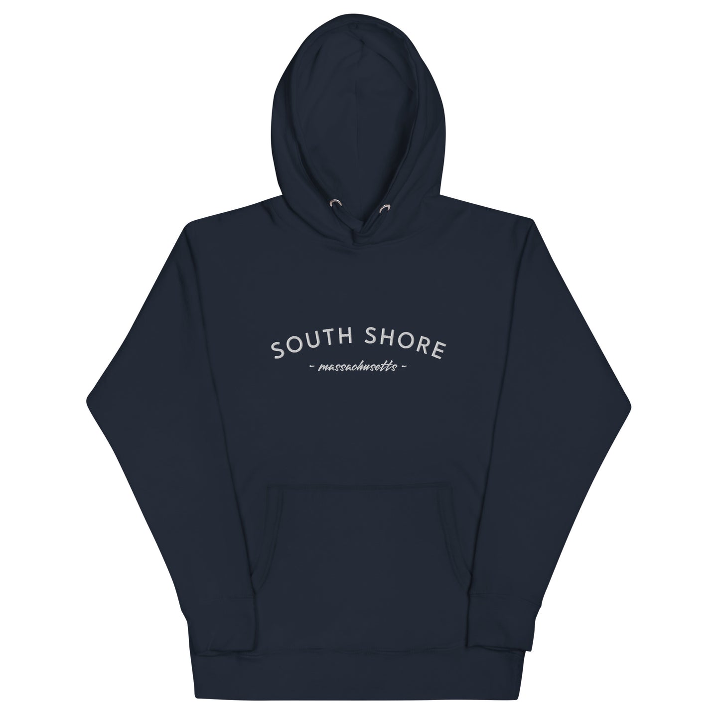 navy hoodie that says "south shore massachusetts" with white lettering