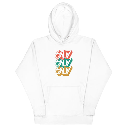 white hoodie with three 617s in red green and yellow