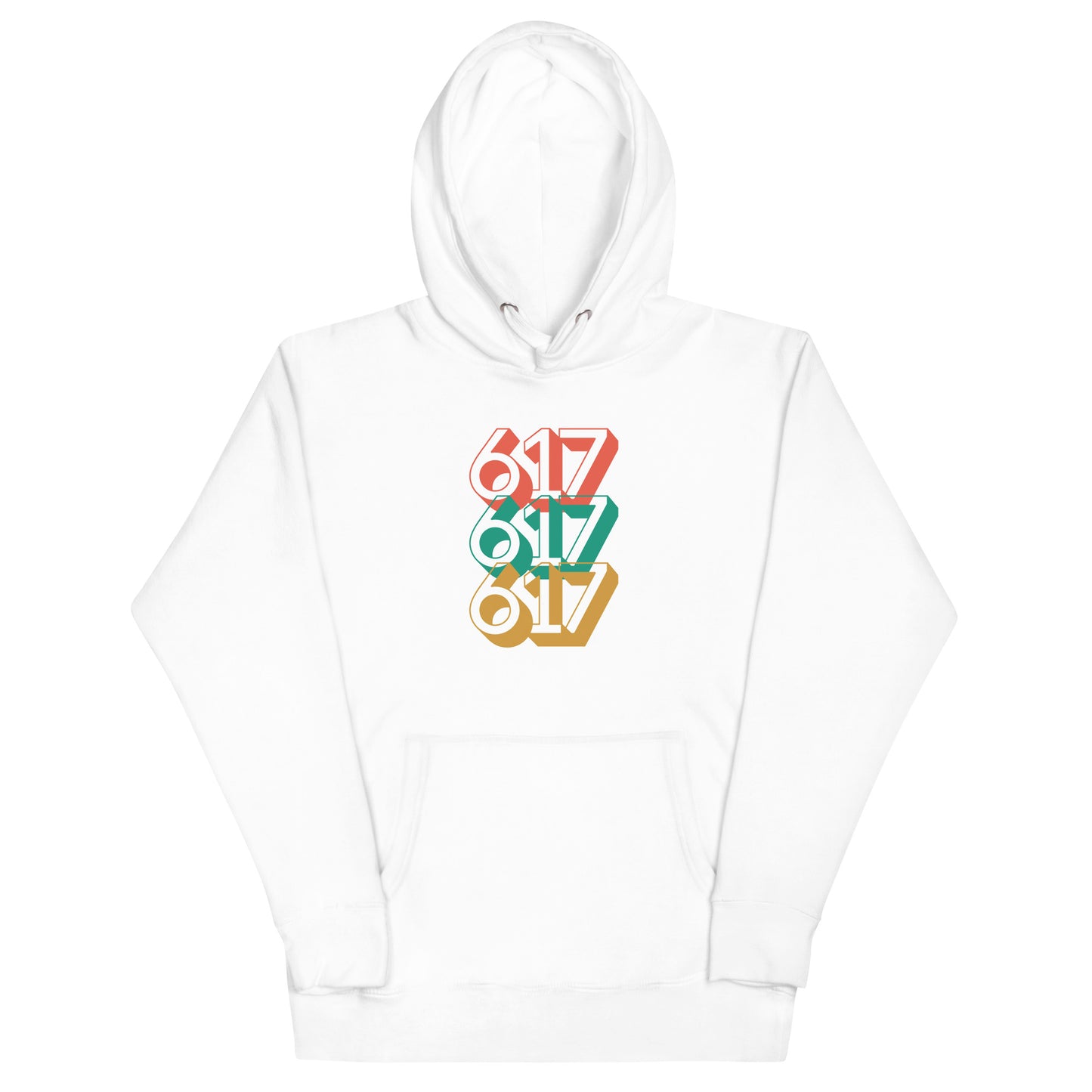 white hoodie with three 617s in red green and yellow
