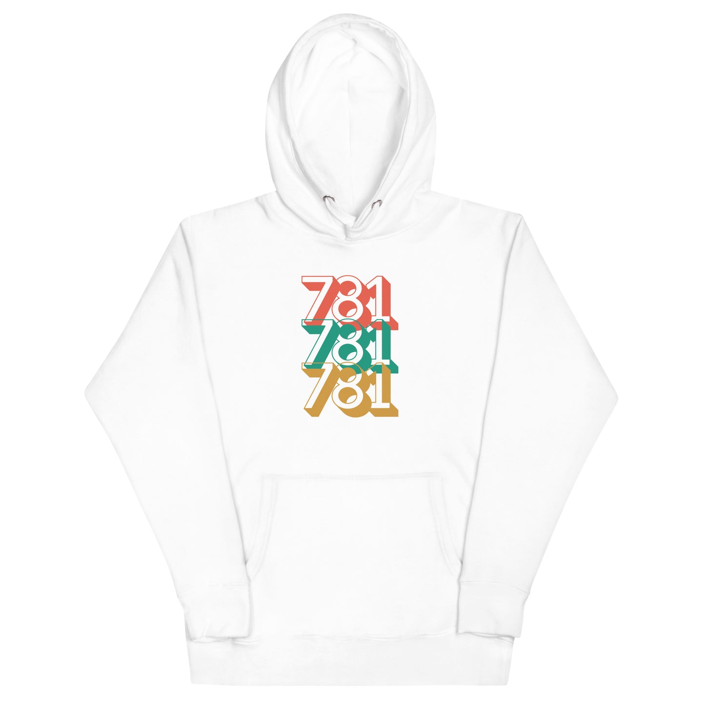 white hoodie with three 781s in red green and yellow