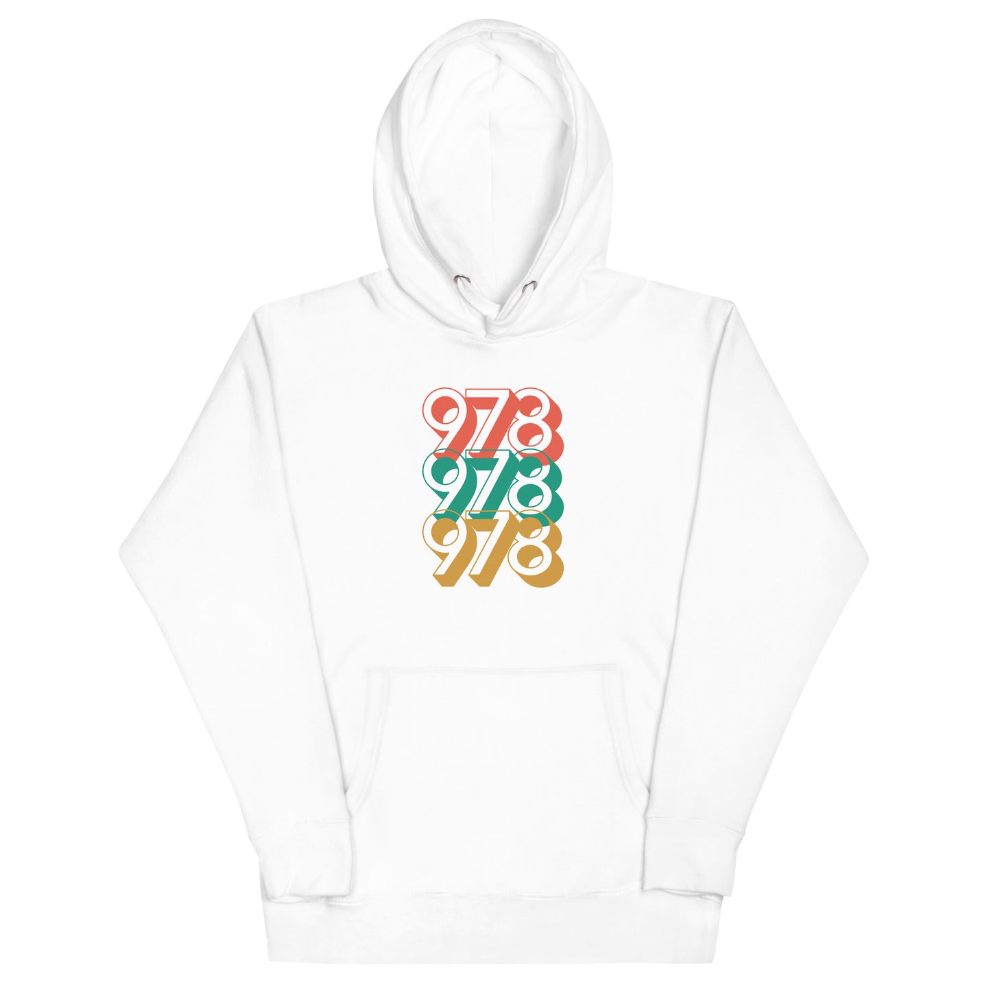 white hoodie with three 978s in red green and yellow