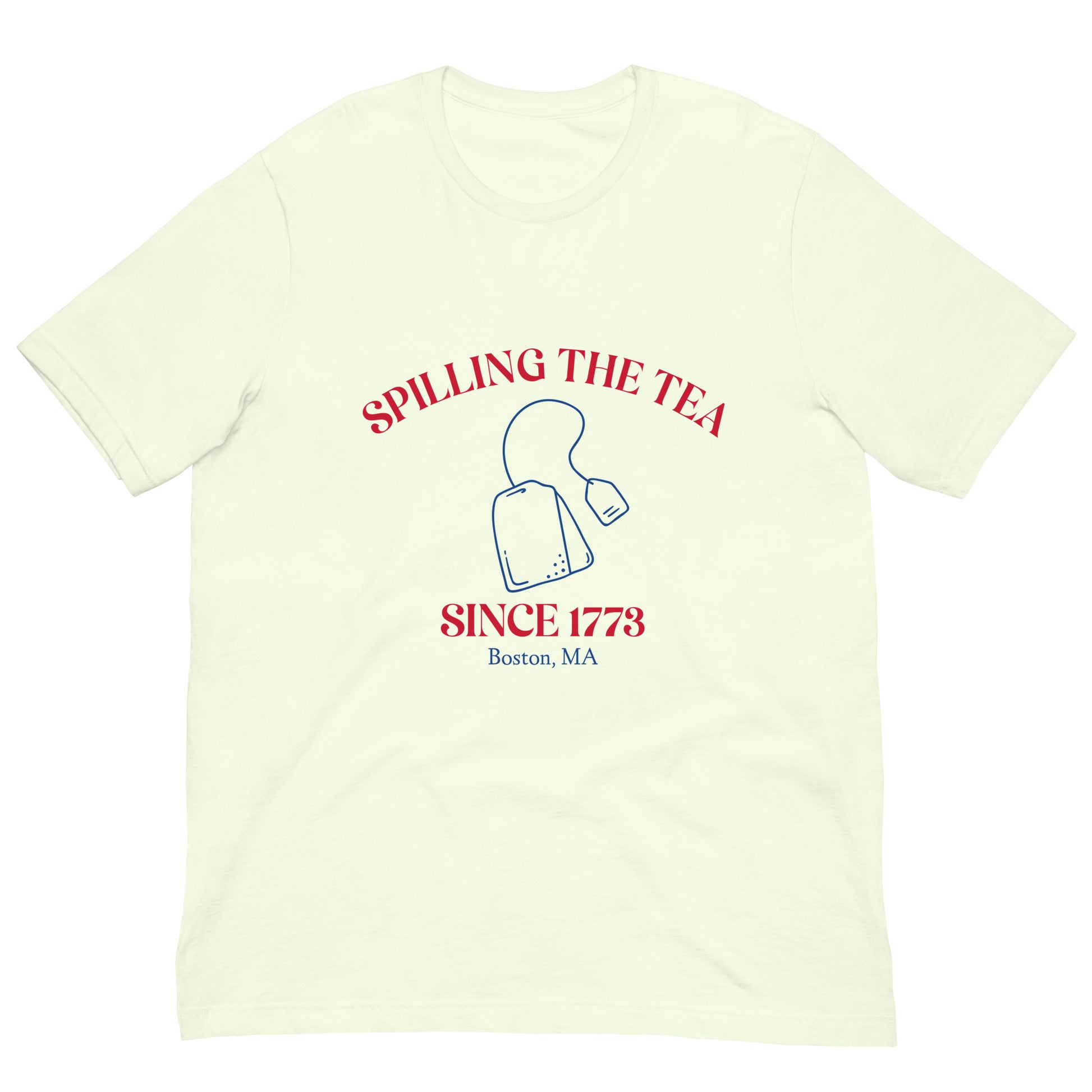 yellow tshirt that say "spilling the tea since 1773" in red lettering and "Boston MA" in blue lettering with tea bag graphic in middle