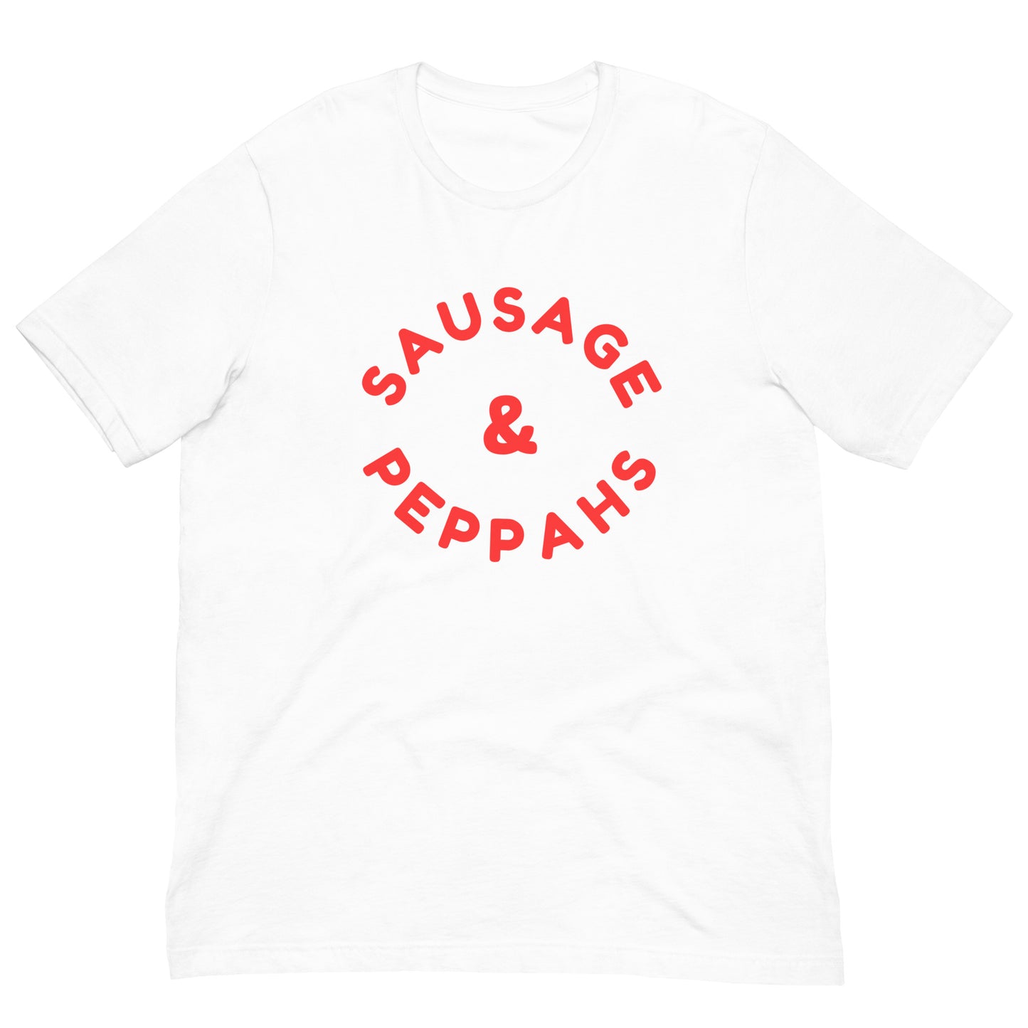 white tshirt that says "sausage and peppahs" in red lettering