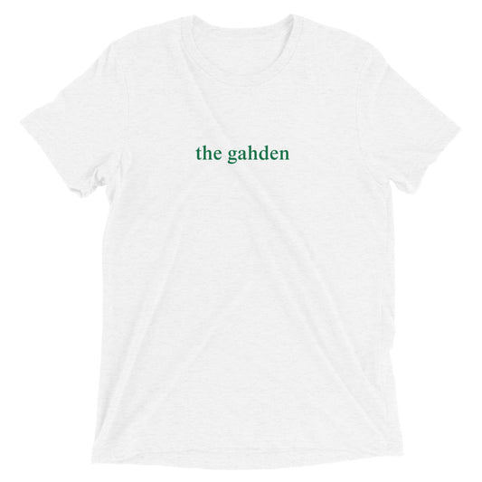 white tshirt that says "the gahden" in green lettering